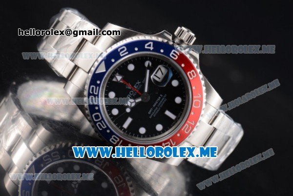 Rolex GMT-Master II Clone Rolex 3186 Automatic Stainless Steel Case/Bracelet with Black Dial and White Markers Red/Blue Bezel (BP) - Click Image to Close